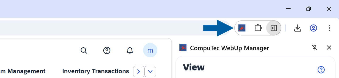 Browser toolbar with CompuTec WebUp extension icon highlighted next to the address bar on the SAP Web Client page