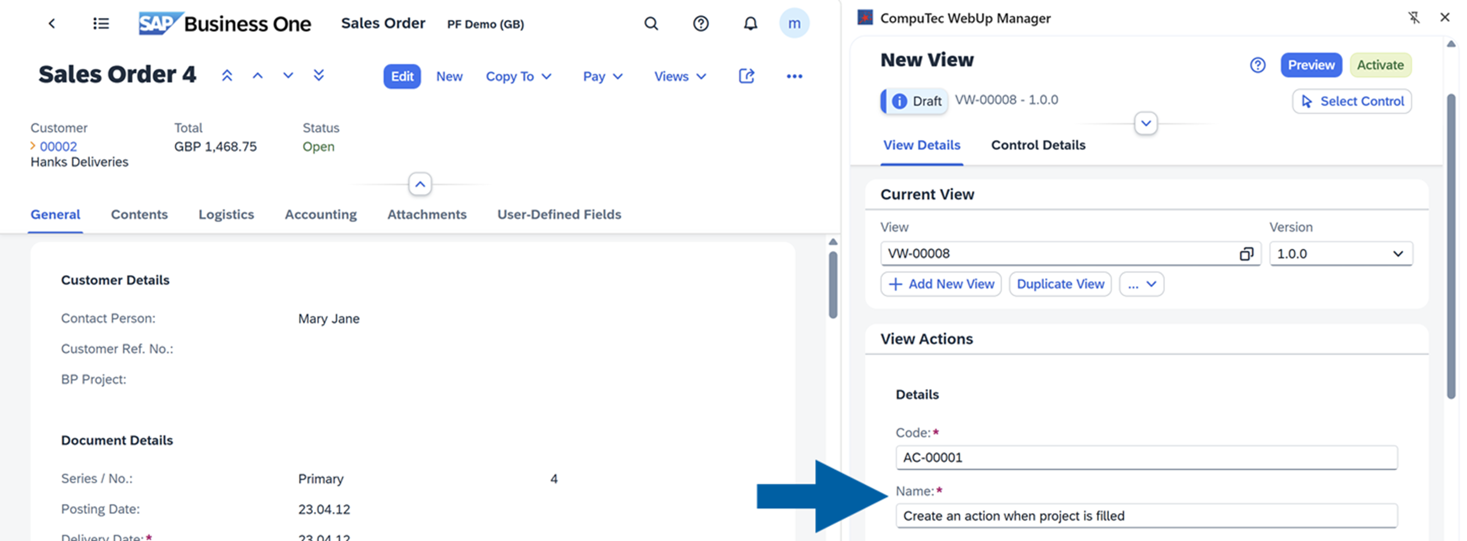 screen showing where to add the action name