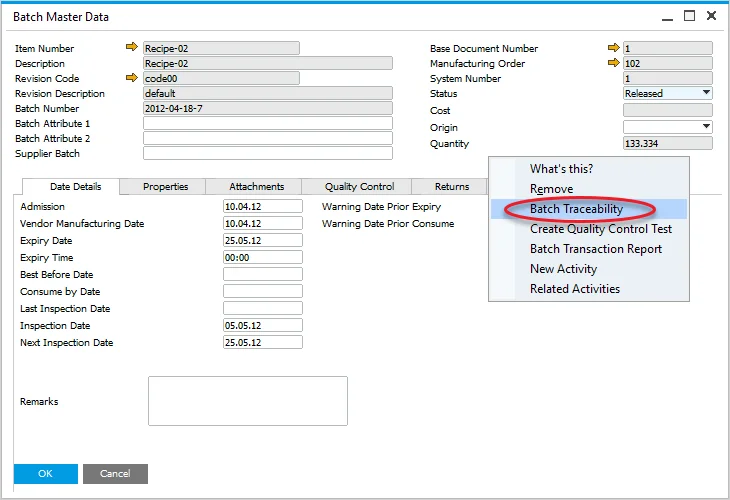 Batch Master Data -> Batch Traceability