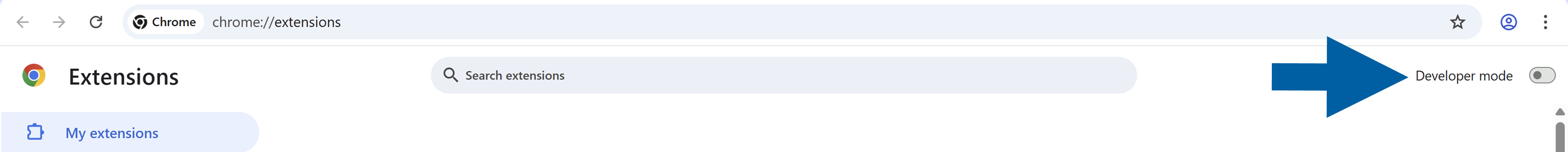 Google Chrome Extensions page showing Developer mode toggle in the top right of the extensions manager