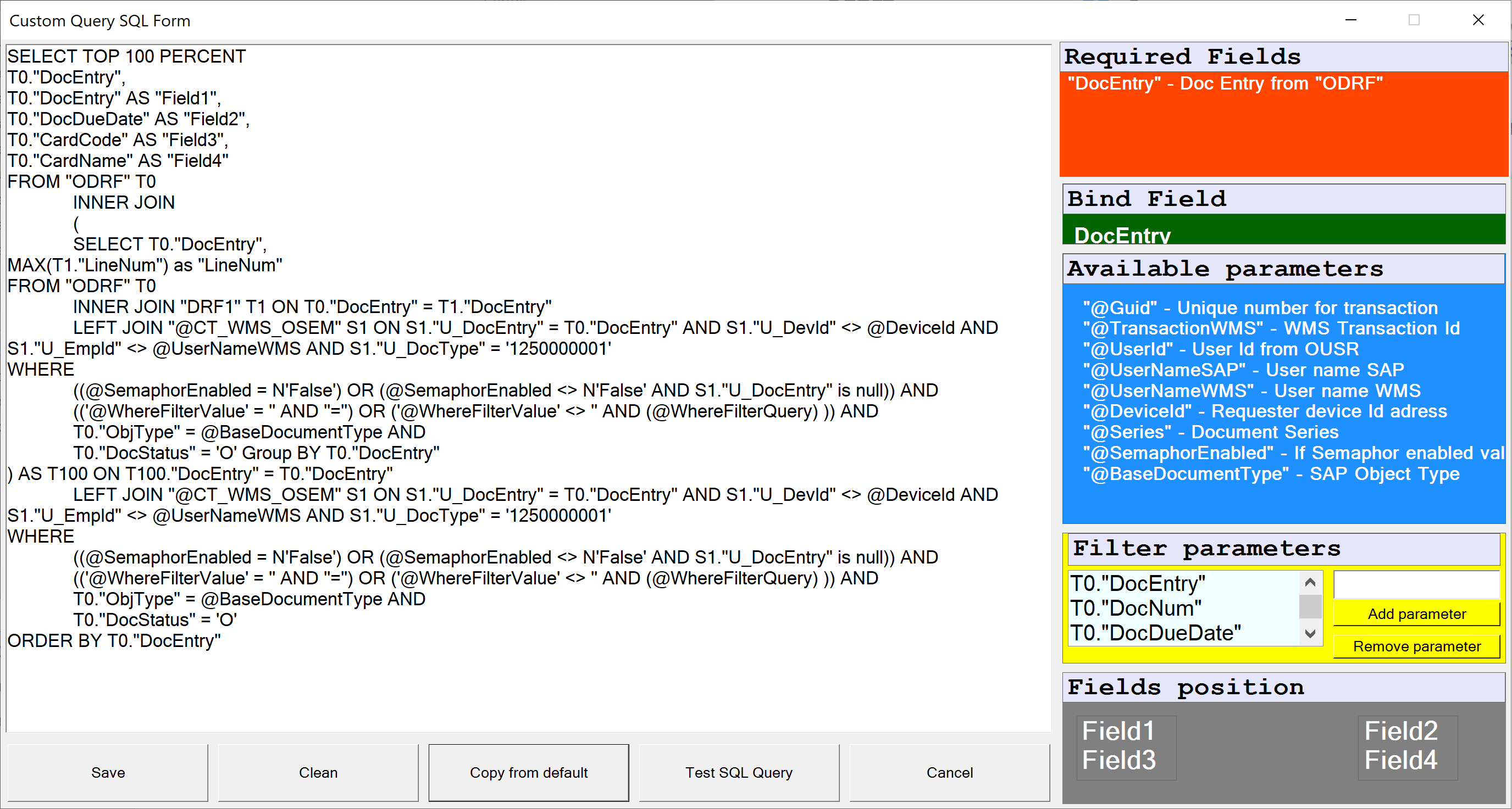 Screenshot of custom query SQL form with SQL editor and delivery query fields