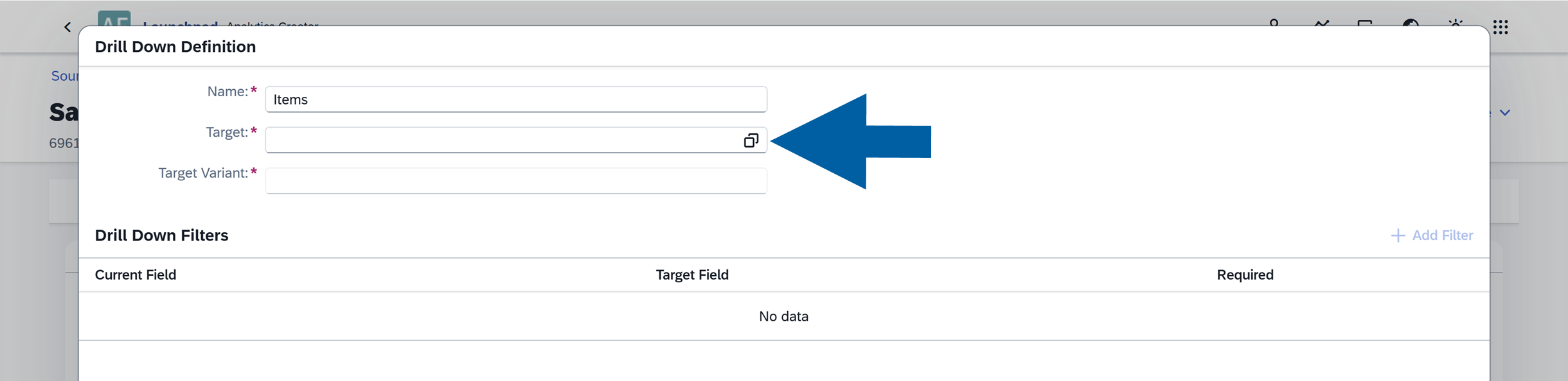 screen showing choosing a target for a drill down