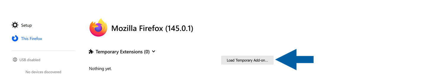 Mozilla Firefox Debug Add-ons page showing Load Temporary Add-on option for installing the unpacked extension folder
