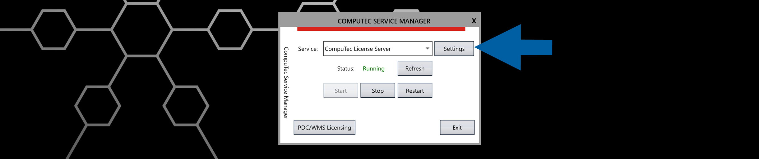 Service Manager interface with Settings button highlighted and accessible, showing service configuration options
