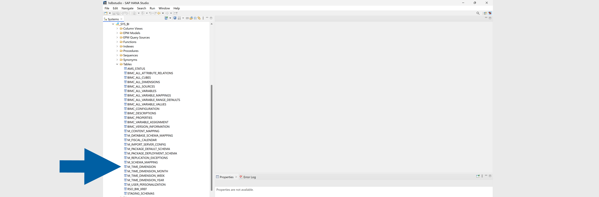 SAP HANA Studio navigator pane displaying expanded _SYS_BI schema and M_TIME_DIMENSION table