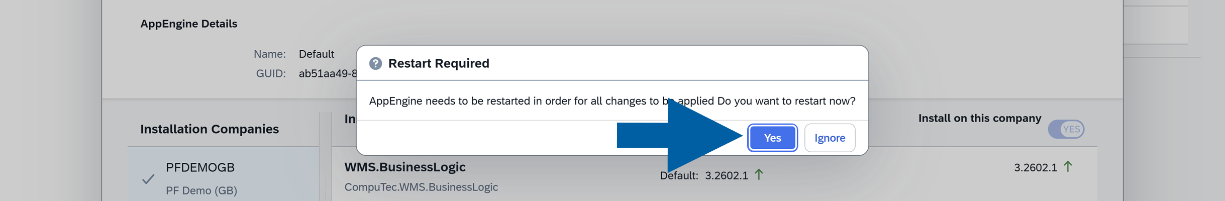 click yes to restart appengine