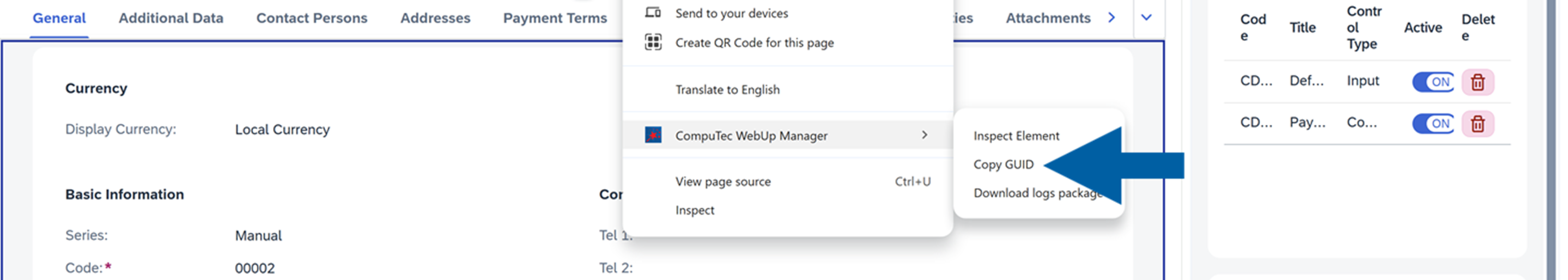 CompuTec WebUp Manager side panel showing control detail fields and the Copy GUID option available