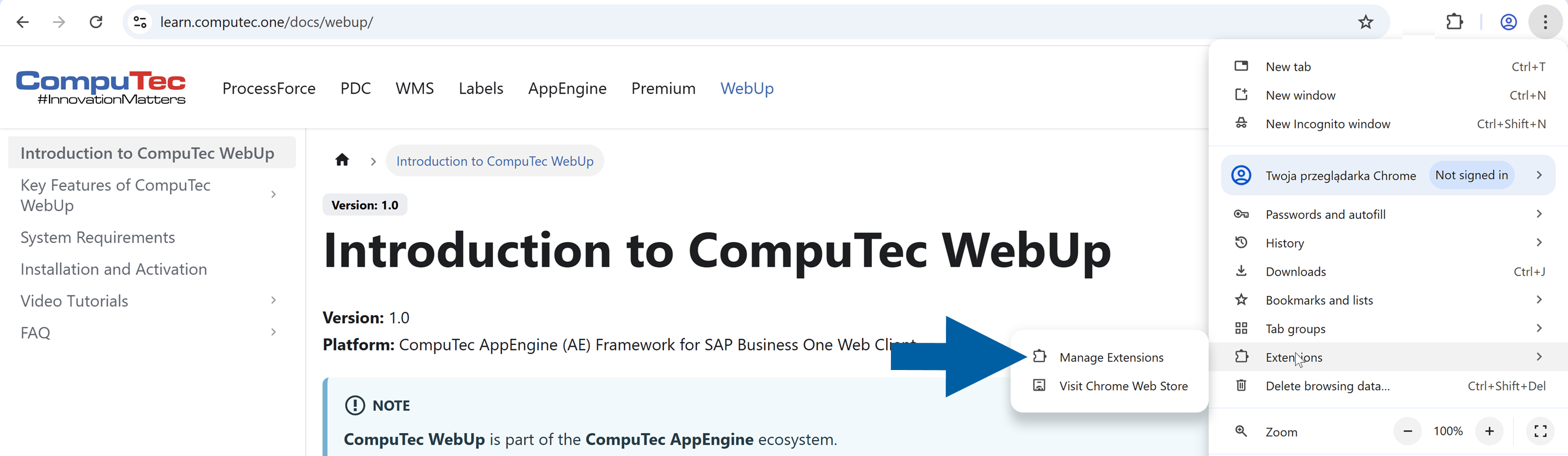 Google Chrome browser with Extensions menu item visible and the CompuTec WebUp installation page in the background