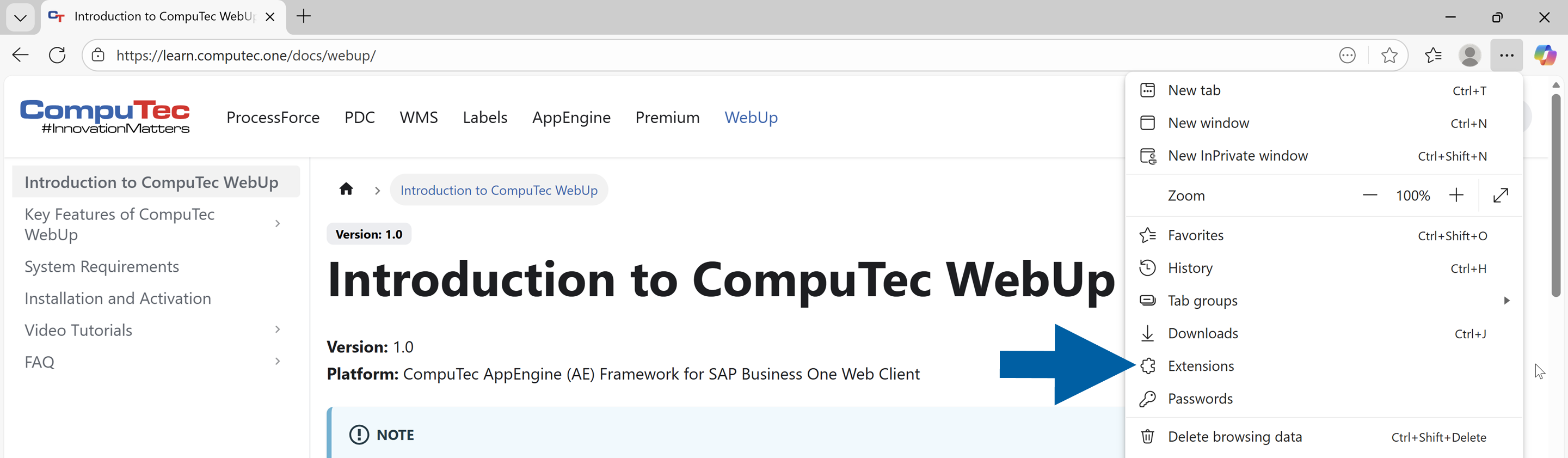 Microsoft Edge browser menu with Extensions highlighted and the CompuTec WebUp introduction page visible behind the menu