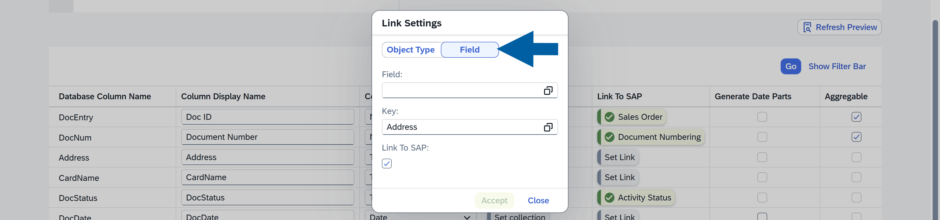 a screen shoing how to configure field link to sap in the report